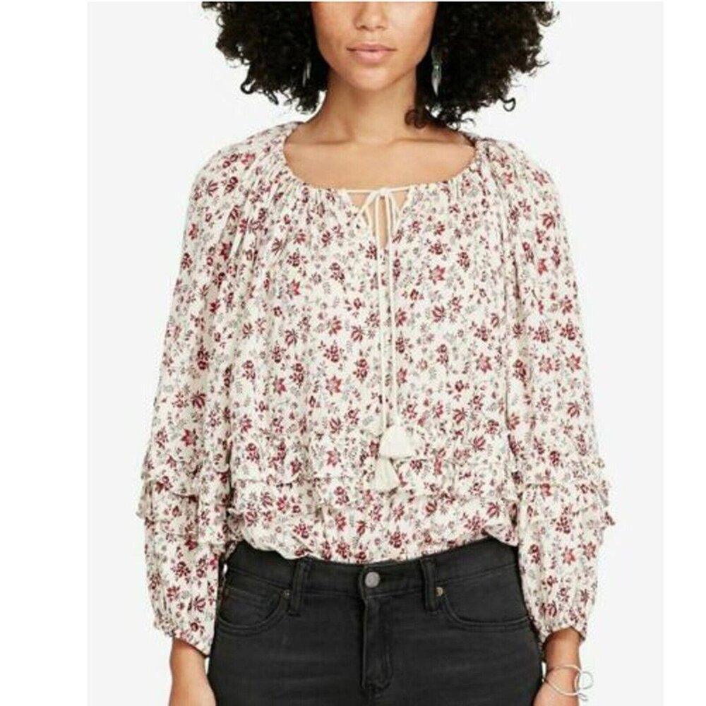 Denim & Supply Ralph Lauren Floral Printed Ruffle Blouse Top Ivory XXS 268575